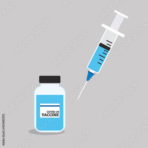 Covid-19 coronavirus vaccine. Syringe and vaccine vial flat icons. Treatment for coronavirus covid-19. Isolated vector illustration