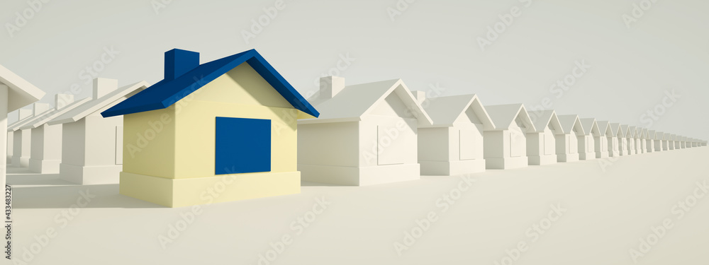blue house among white houses. Hunting and searching concept. 3D Rendering, panoramic image blue house among white houses. Hunting and searching concept. 3D Rendering, panoramic image