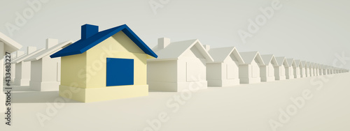 blue house among white houses. Hunting and searching concept. 3D Rendering, panoramic image