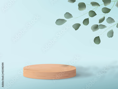 3d light wood podium for product demonstration. Blue background with green tree leaves and an empty pedestal for displaying cosmetics.