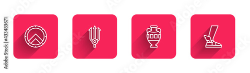 Set line Greek shield, Neptune Trident, Ancient amphorae and Hermes sandal with long shadow. Red square button. Vector