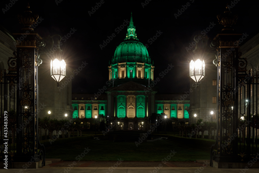San Francisco City Hall Lit in Yellow and Green in Celebration of Mother's Day at Night.
