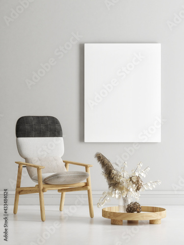 Fototapeta Naklejka Na Ścianę i Meble -  Empty white canvas on the gray wall, living room concept with home decoration, 3d render, 3d illustration.