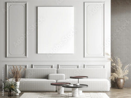 Empty white canvas on the gray wall, living room concept with home decoration, 3d render, 3d illustration.