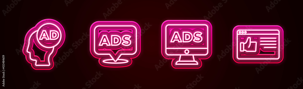 Set line Advertising, , and Browser window. Glowing neon icon. Vector Set line Advertising, , and Browser window. Glowing neon icon. Vector