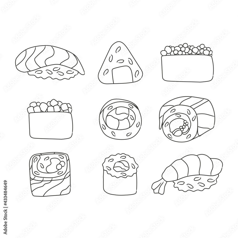 Doodle set of sushi and rolls outline, japanese traditional cuisine. isolated vector illustration on white background