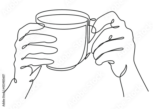 Silhouette of man's hands with a cup of coffee, tea in a modern one line style. Solid line, aesthetic outline for decor, posters, stickers, logo. Vector illustration.