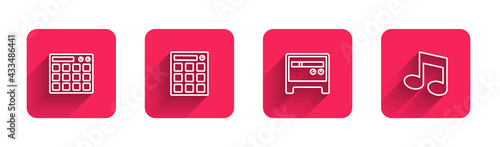 Set line Drum machine, , Guitar amplifier and Music note, tone with long shadow. Red square button. Vector