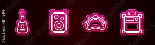 Set line Guitar, Stereo speaker, Tambourine and amplifier. Glowing neon icon. Vector