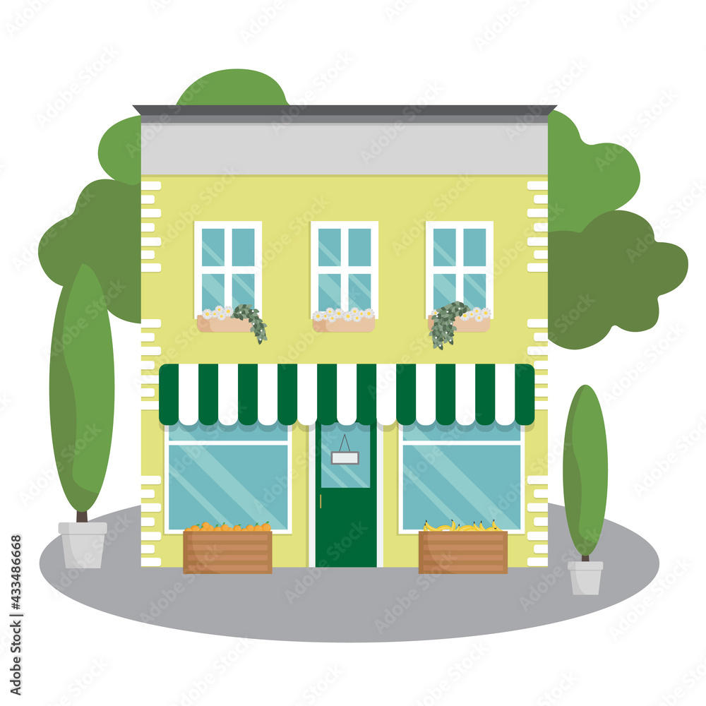 Vector house. Apartment building with residential second floor. Store facade with awning. Street vegetable shop. Flat style illustration. Colorful townhouse icon. - obrazy, fototapety, plakaty 