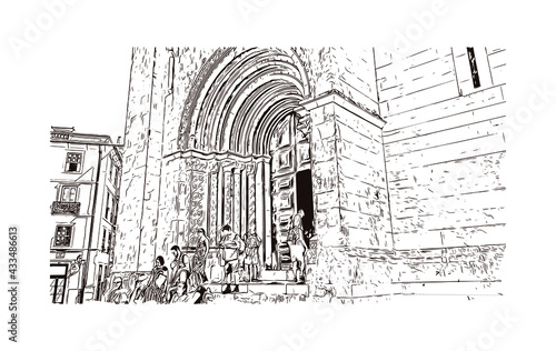 Building view with landmark of Coimbra is the 
city in Portugal. Hand drawn sketch illustration in vector.