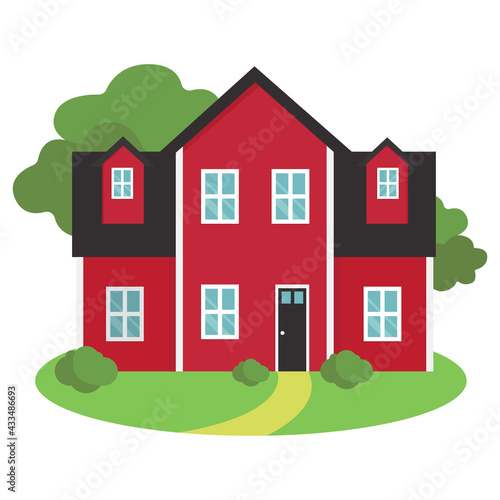 Vector house. Traditional architectural style exterior. Residential building facade. Flat style illustration. Colorful icon.