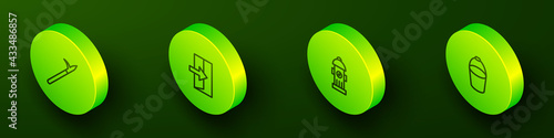 Set Isometric line Metal pike pole, Fire exit, hydrant and bucket icon. Vector