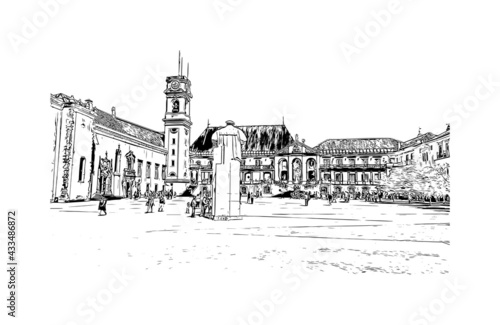 Building view with landmark of Coimbra is the 
city in Portugal. Hand drawn sketch illustration in vector.