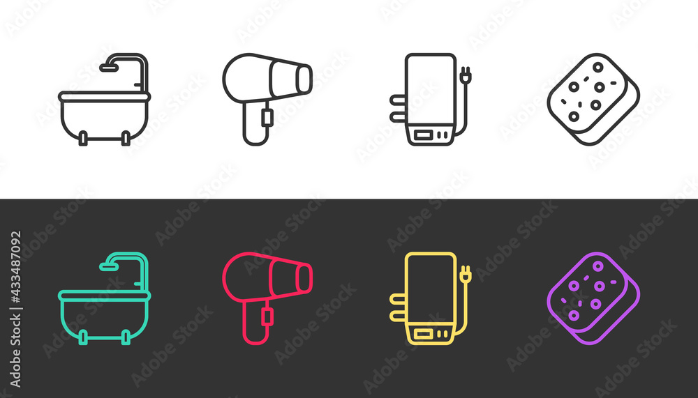 Set line Bathtub, Hair dryer, Electric boiler and Sponge on black and white. Vector Set line Bathtub, Hair dryer, Electric boiler and Sponge on black and white. Vector