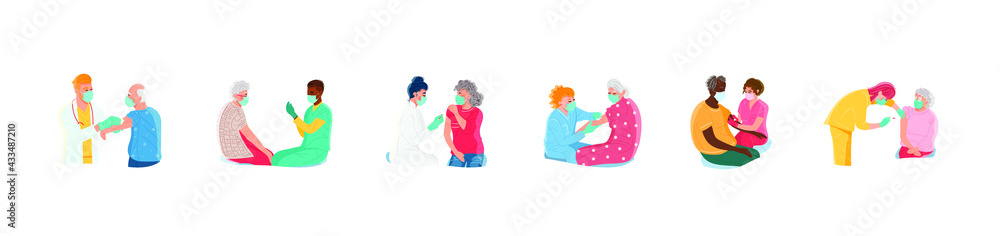 Old people vaccination concept for immunity health. Covid-19. Black doctor makes an injection of flu vaccine to senior woman in hospital. Immunization of adults, covid vaccine. Flat illustration Old people vaccination concept for immunity health. Covid-19. Black doctor makes an injection of flu vaccine to senior woman in hospital. Immunization of adults, covid vaccine. Flat illustration