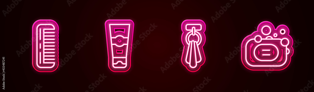Set line Hairbrush, Tube of toothpaste, Towel on hanger and Bar soap. Glowing neon icon. Vector Set line Hairbrush, Tube of toothpaste, Towel on hanger and Bar soap. Glowing neon icon. Vector