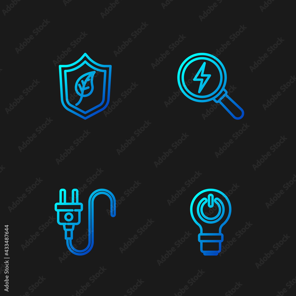 Set line Light bulb with lightning, Electric plug, Shield leaf and Lightning bolt. Gradient color icons. Vector Set line Light bulb with lightning, Electric plug, Shield leaf and Lightning bolt. Gradient color icons. Vector