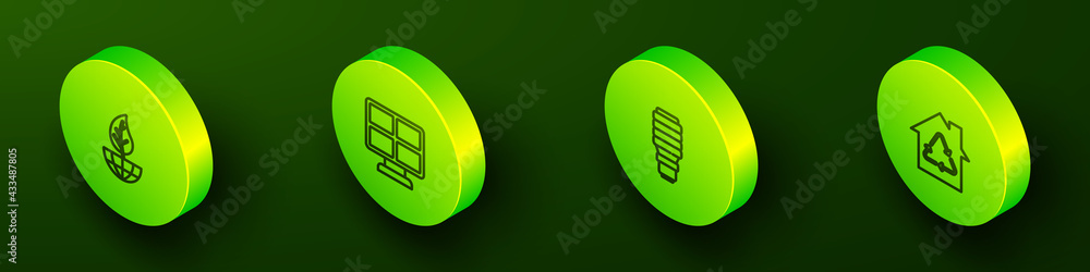Set Isometric line Earth globe and leaf, Solar energy panel, LED light bulb and Eco House with recycling icon. Vector Set Isometric line Earth globe and leaf, Solar energy panel, LED light bulb and Eco House with recycling icon. Vector