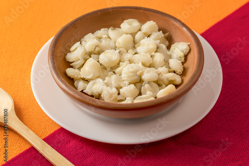 Konstfotografi plato de mote peruano (maíz imperial sancochado) con fondo colores andinos, en