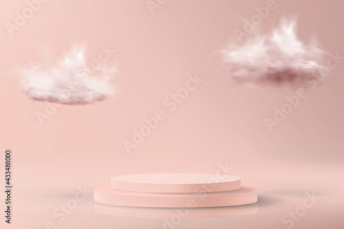 Minimalistic 3d background in pastel pink colors. Mock up with an empty podium to showcase a cosmetic product.