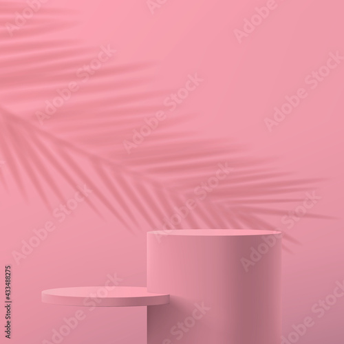 3d minimalistic abstract scene in pastel pink colors. Banner with empty cylindrical podiums for product demonstration, cosmetics, advertising mockup.