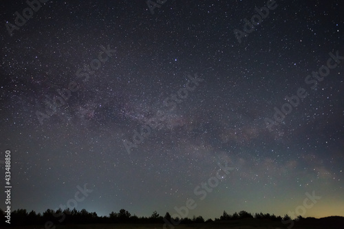 night starry sky with milky way above prairie silhouette