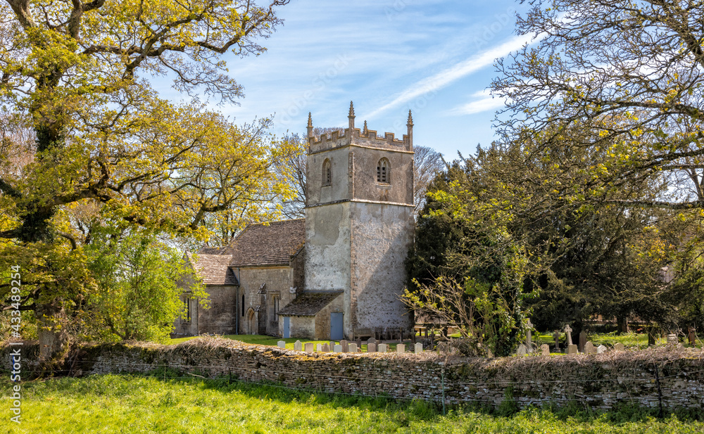 St Mary's Church, Beverston. A 12th Century Norman church with an original Norman Tower. Beverston is a small Cotswolds village, Gloucestershire, United Kingdom