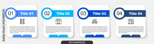 Set line Broken rails on a railway, Ticket office to buy tickets, Draisine or handcar and Railway map. Business infographic template. Vector photo