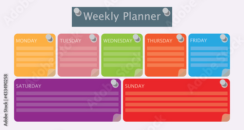 Multicolored vector schedule. Weekly planner template for companies and private use. Info graphic organizer or Weekly routine agenda sheet