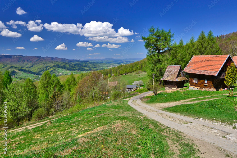 Mountains scenery. Panorama of grassland and forest in Beskid Sadecki mountains in spring sunny day, Poland. Mountains scenery. Panorama of grassland and forest in Beskid Sadecki mountains in spring sunny day, Poland.