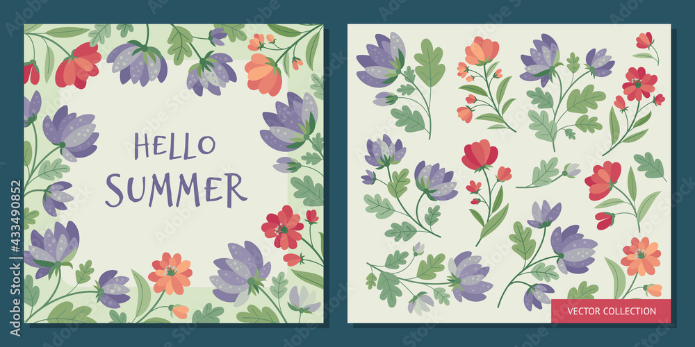Summer flowers - vector frame, poster, banner, card, template and set flowers. Summer mood. Hello summer