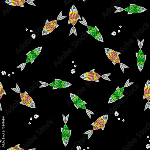 Fish embroidery stitches imitation on black background