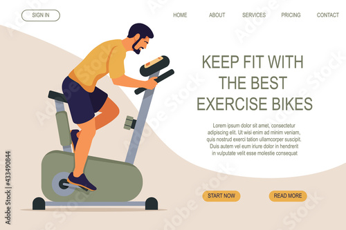Sporty man on exercise bike. Web page design for sports activities, Active lifestyle. Workout at home or in gym. Cardio workout concept. Vector illustration for poster, banner, placard, website