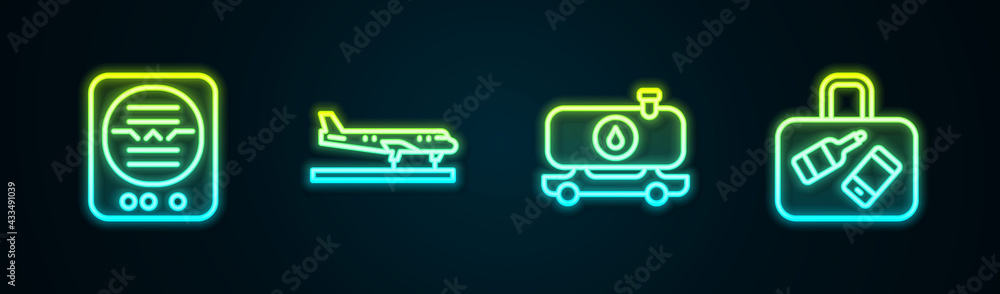 Set line Attitude indicator, Plane, Fuel tanker truck and Suitcase. Glowing neon icon. Vector Set line Attitude indicator, Plane, Fuel tanker truck and Suitcase. Glowing neon icon. Vector