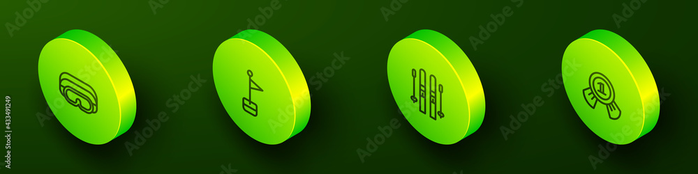 Set Isometric line Ski goggles, Location marker, and sticks and Medal icon. Vector Set Isometric line Ski goggles, Location marker, and sticks and Medal icon. Vector