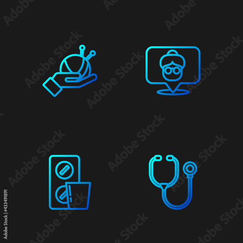 Set line Stethoscope, Pills in blister pack, Yarn ball with knitting needles and Nursing home. Gradient color icons. Vector