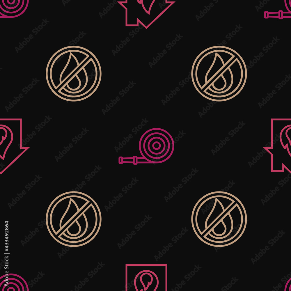 Set line Fire in burning house, No fire and hose reel on seamless pattern. Vector Set line Fire in burning house, No fire and hose reel on seamless pattern. Vector