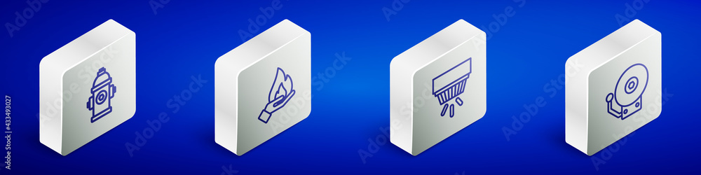 Set Isometric line Fire hydrant, Hand holding fire, Smoke alarm system and Ringing bell icon. Vector Set Isometric line Fire hydrant, Hand holding fire, Smoke alarm system and Ringing bell icon. Vector