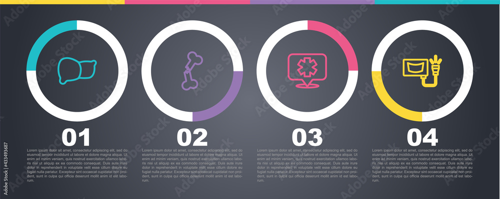 Set line Human organ liver, broken bone, Medical symbol of the Emergency and Ultrasound. Business infographic template. Vector Set line Human organ liver, broken bone, Medical symbol of the Emergency and Ultrasound. Business infographic template. Vector