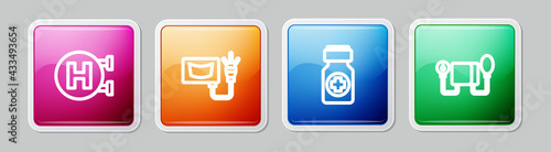 Set line Hospital signboard, Ultrasound, Medicine bottle and pills and Blood pressure. Colorful square button. Vector