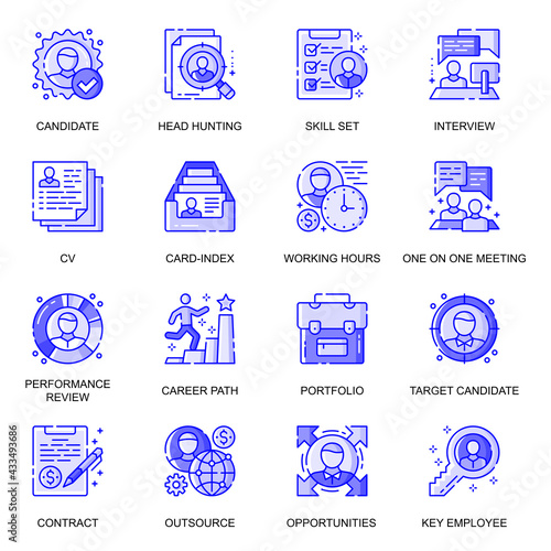 Head Hunting web flat line icons set. Pack outline pictogram of candidate interview, career path, opportunities, key employee concept. Vector illustration of symbols for website mobile app design