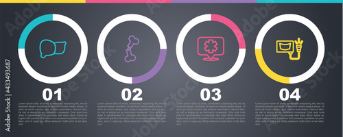 Set line Human organ liver, broken bone, Medical symbol of the Emergency and Ultrasound. Business infographic template. Vector