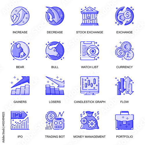 Stock Quotes web flat line icons set. Pack outline pictogram of increase and decrease, finance, bear and bull, trading graphs concept. Vector illustration of symbols for website mobile app design