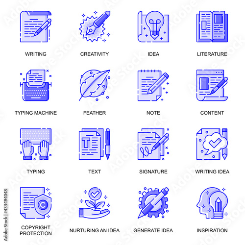 Copyrighting web flat line icons set. Pack outline pictogram of writing article, creativity, typing machine, intellectual property concept. Vector illustration of symbols for website mobile app design