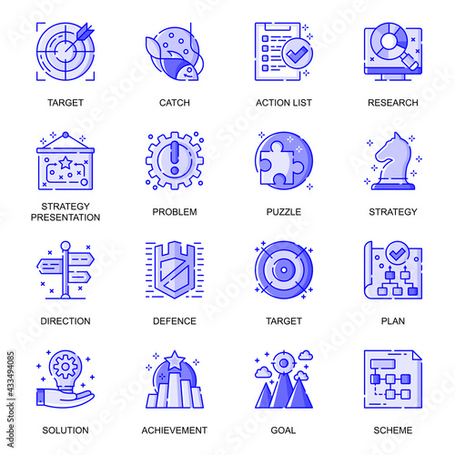 Business Strategy web flat line icons set. Pack outline pictogram of goal achievement, management, development, career at company concept. Vector illustration of symbols for website mobile app design