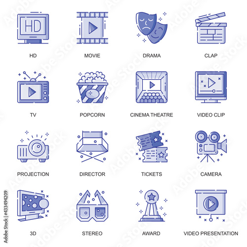 Cinema web flat line icons set. Pack outline pictogram of movie, television show, video clip play, multimedia, cinematography concept. Vector illustration of symbols for website mobile app design