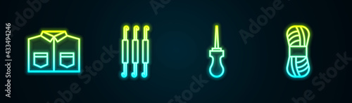 Set line Shirt, Crochet hook, Awl tool and Yarn. Glowing neon icon. Vector