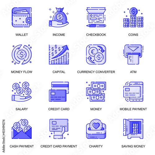 Money web flat line icons set. Pack outline pictogram of money flow, currency, credit card, payment, cash, charity, savings concept. Vector illustration of symbols for website mobile app design