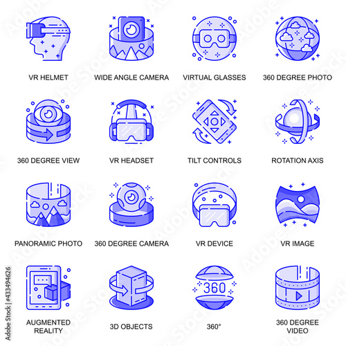 Virtual Reality web flat line icons set. Pack outline pictogram of VR helmet, 360 degree view, panoramic device, 3d objects concept. Vector illustration of symbols for website mobile app design